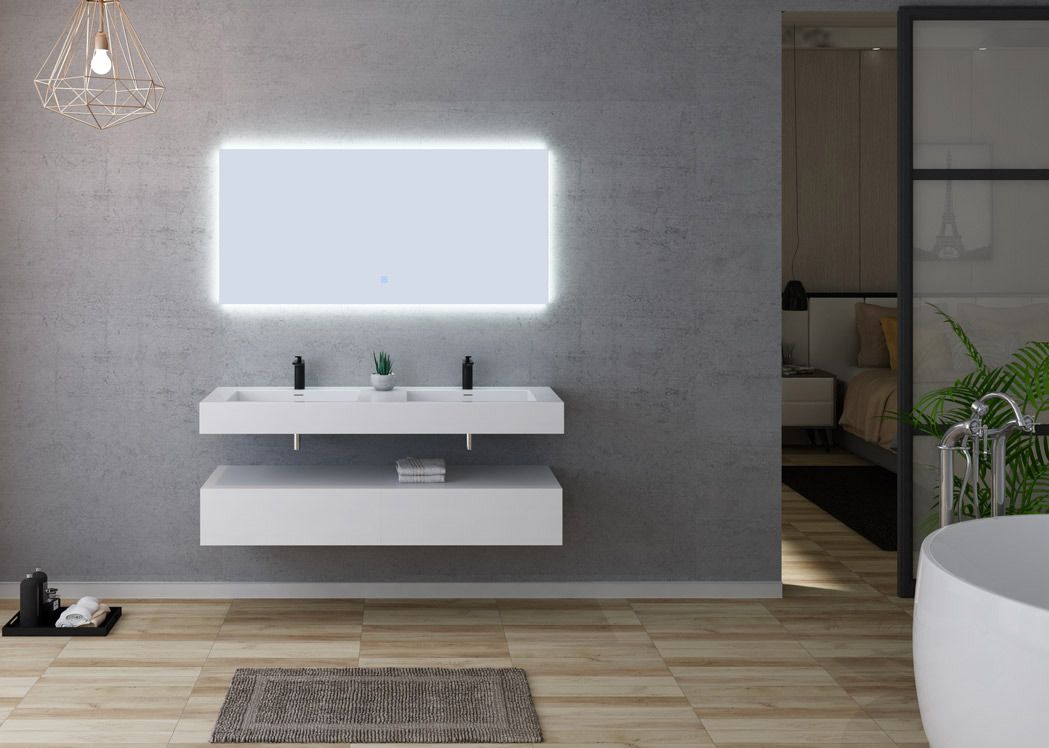 Meuble de salle de bain suspendu blanc, meuble 2 vasques 140 cm Avellino