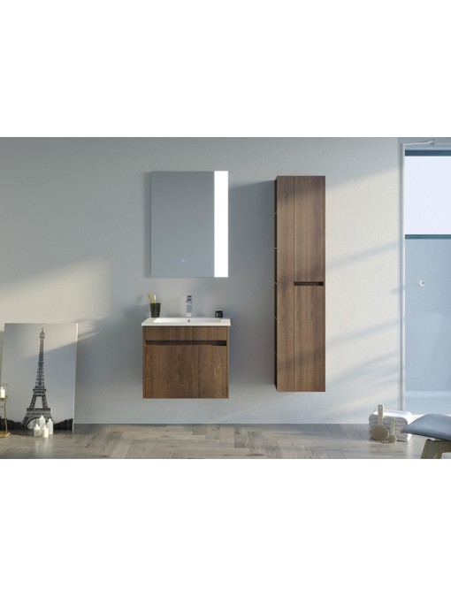 Petit meuble de salle de bain simple vasque BOVALINO 600 Chêne Foncé