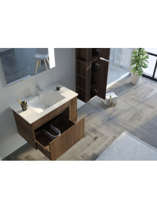 Meuble de salle de bain BOVALINO 800 Chêne Foncé avec vasque en céramique blanche de qualité