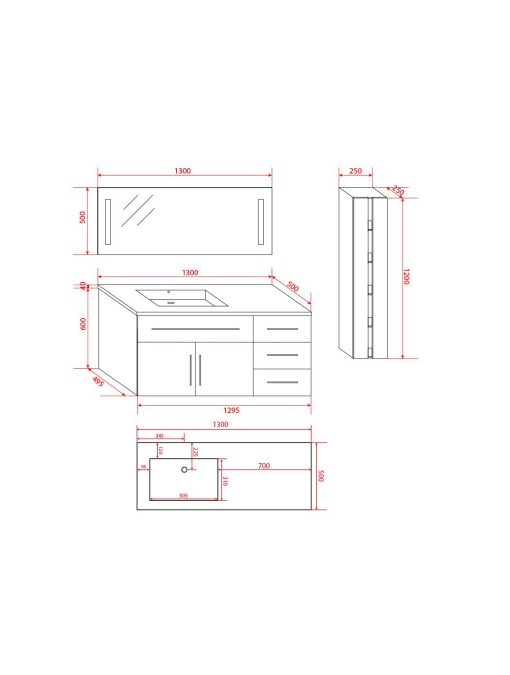 Plan et dimensions du meuble simple vasque URBAN Blanc