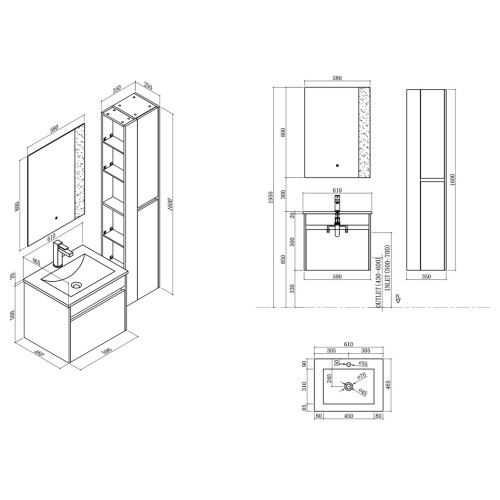 Ensemble de salle de bain compact BOVALINO 600 Chêne Foncé