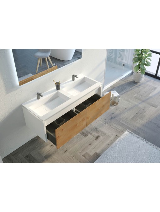 Meuble de salle de bain Fabrizia 1200 Bois naturel et Blanc