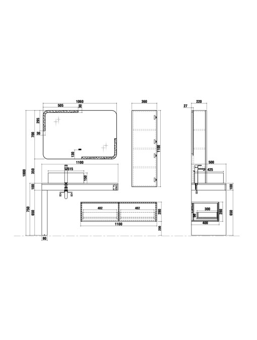 Dimensions du Meuble de salle de bain MELIZZANO 1100 Noir
