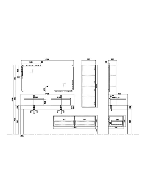 Dimensions Meuble de salle de bain Melizzano 1400 Noir