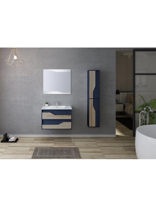 Meuble simple vasque avec colonne et miroir URBINO 800 Scandinave et Bleu Saphir