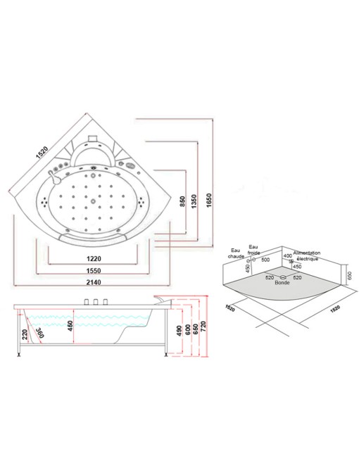 Plan dimensions Baignoire balneo Seattle-S 26 jets