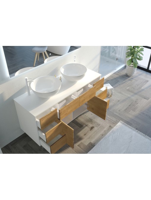 Détail rangement du Meuble de salle de bain VERZINO Blanc et Bois Naturel