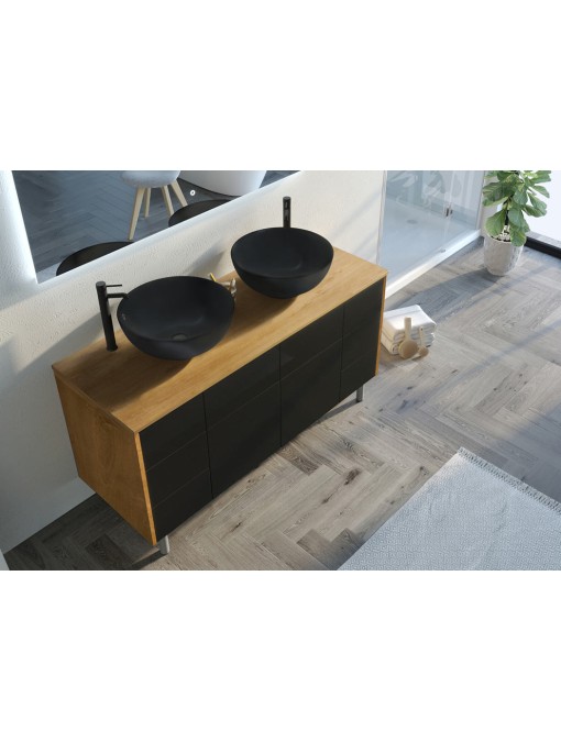 Meuble double vasques de salle de bain VERZINO Bois Naturel et Noir