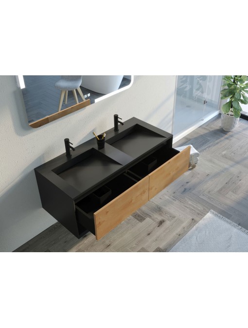 Détails rangements Meuble de salle de bain Portofino 1200 Noir et Bois Naturel