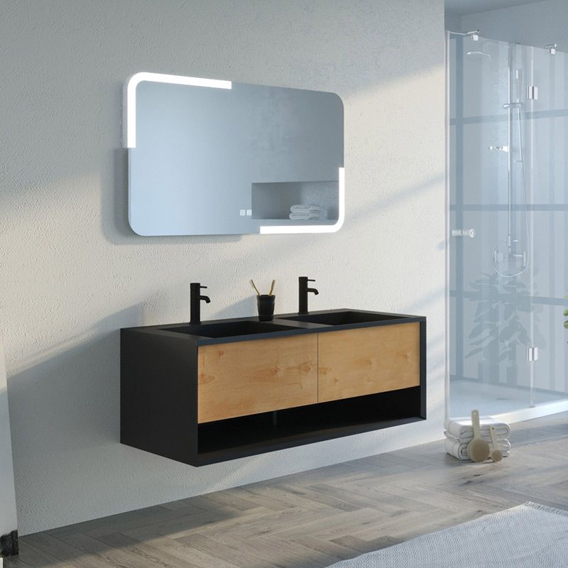 Ensemble de Meuble de salle de bain Portofino 1200 Noir et Bois Naturel