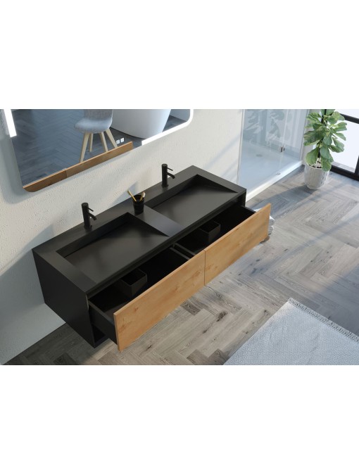 Détails rangements Meuble de salle de bain Portofino 1400 Noir et Bois Naturel