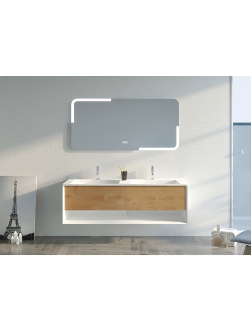 Bel ensemble Meuble de salle de bain Portofino 1400 Blanc et Bois Naturel