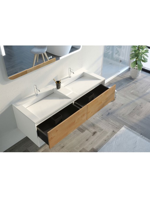 Détails rangements Meuble de salle de bain Portofino 1400 Blanc et Bois Naturel