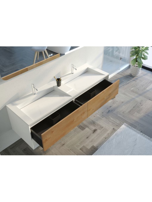 Meuble double vasque à multiples rangements Portofino 1600 Blanc et Bois Naturel