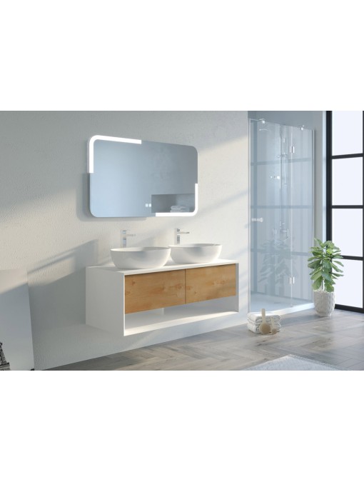 Meuble double vasque de salle de bain SANZA 1200 Blanc et Bois Naturel