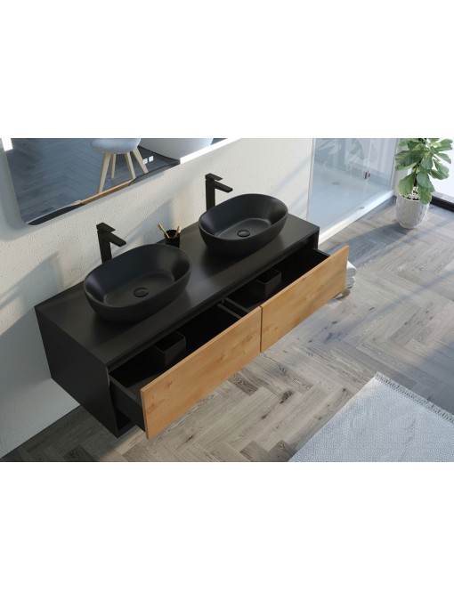 Rangements Meuble de salle de bain SANZA 1400 Noir et Bois Naturel