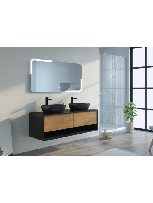 Meuble de salle de bain SANZA 1400 Noir mat et Bois Naturel