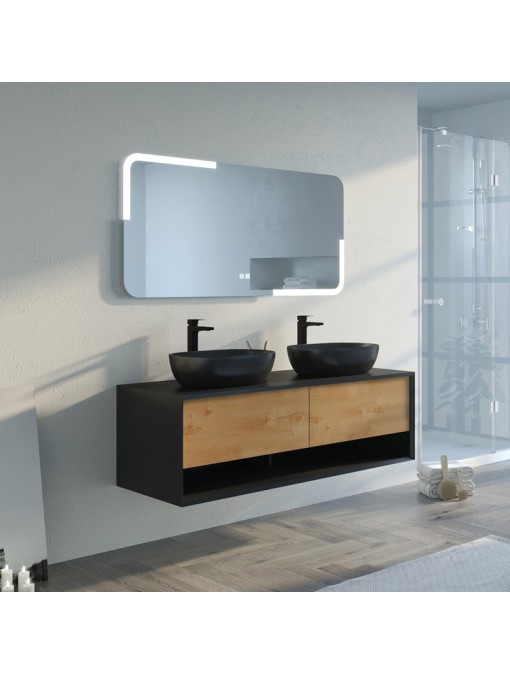 Meuble de salle de bain SANZA 1400 Noir et Bois Naturel