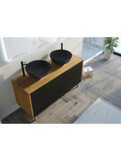 Meuble de salle de bain VERZINO Bois Naturel et Noir Mat