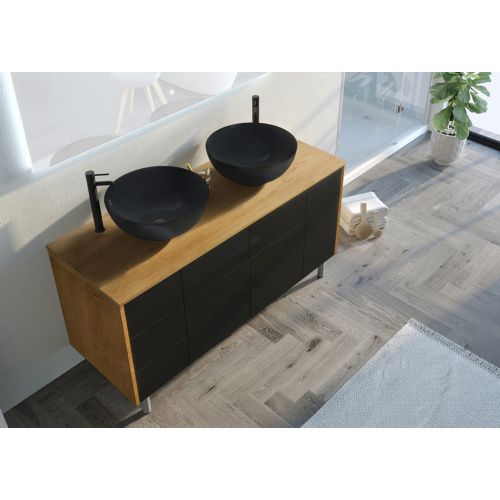 Meuble double vasque de salle de bain VERZINO Bois Naturel et Noir Mat