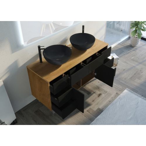 Meuble double vasque de salle de bain VERZINO Bois Naturel et Noir Mat