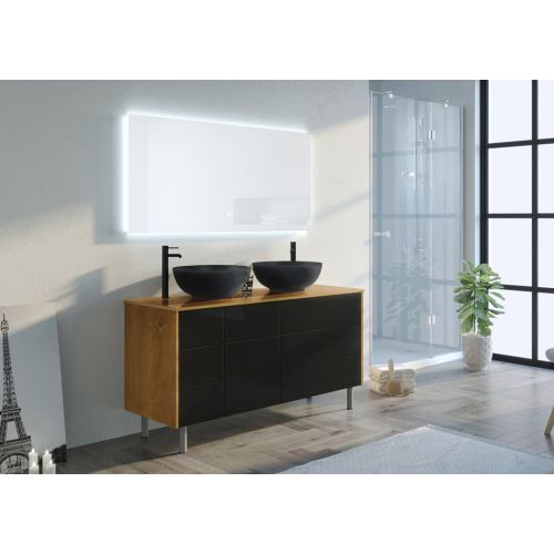 Meuble double vasque de salle de bain VERZINO Bois Naturel et Noir Mat