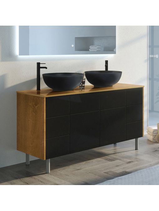 Meuble double vasque de salle de bain VERZINO Bois Naturel et Noir Mat