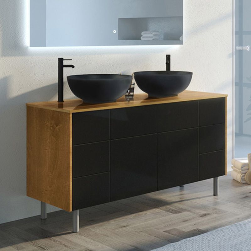 Meuble double vasque de salle de bain VERZINO Bois Naturel et Noir Mat