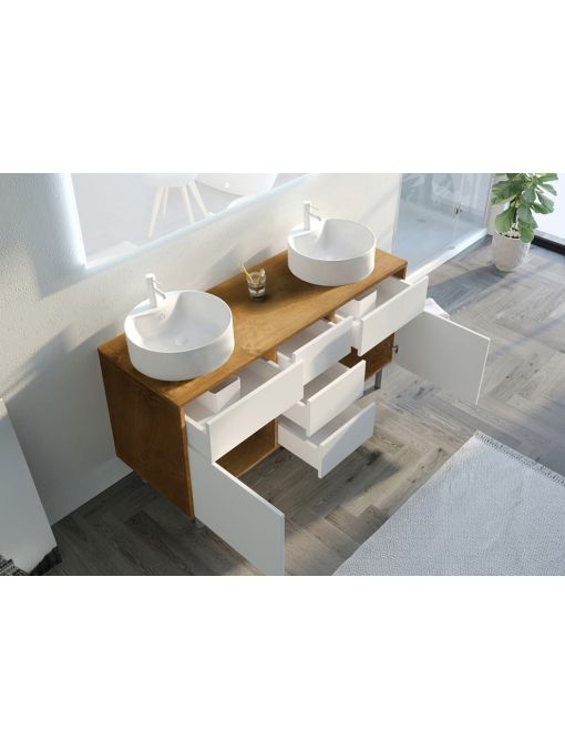 rangements Meuble vasque VENEZIA Bois Naturel et Blanc mat