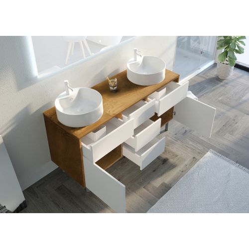 Meuble double vasque VENEZIA Bois Naturel et Blanc mat