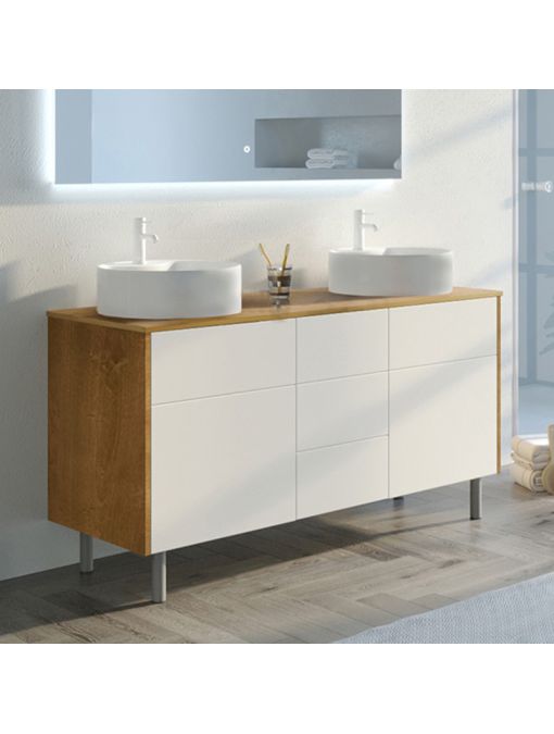 Meuble double vasque VENEZIA Bois Naturel et Blanc mat