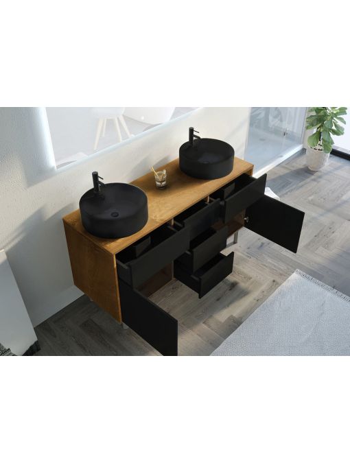 Rangements Meuble double vasque VENEZIA Bois Naturel et Noir mat