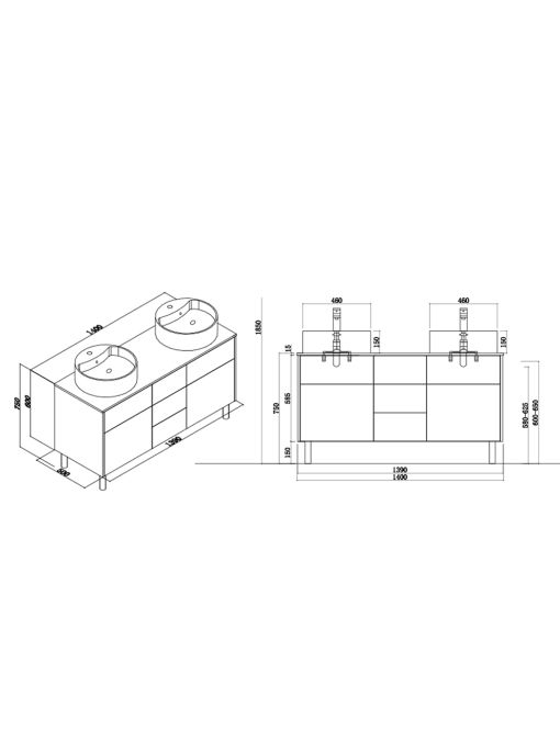 Dimensions Meuble double vasque VENEZIA sans miroir