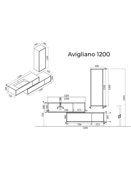 Plan schématique Meuble de salle de bain Avigliano 1200 blanc