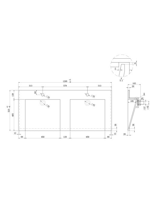 schéma vasque Meuble de salle de bain Portofino 1200 Blanc et Bois Naturel