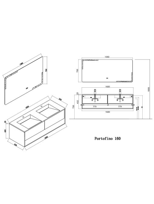 Dimensions Meuble de salle de bain Portofino 1600 Blanc et Bois Naturel