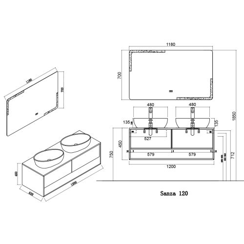 Bel Ensemble de salle de bain SANZA 1200 Noir et Bois Naturel