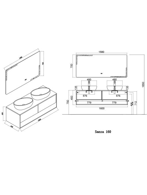 Plan Meuble de salle de bain SANZA 1600 BLANC et Bois Naturel