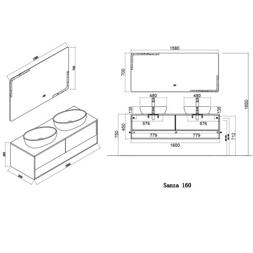 Meuble de salle de bain SANZA 1600 BLANC mat et Bois Naturel