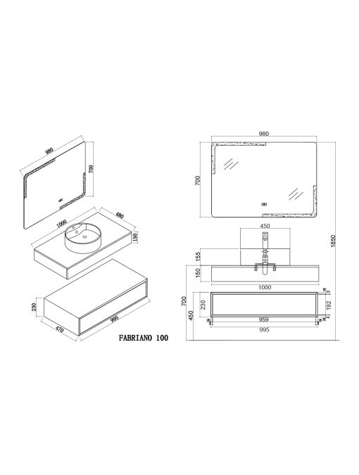 plan Meuble de salle de bain FABRIANO 1000 Blanc mat