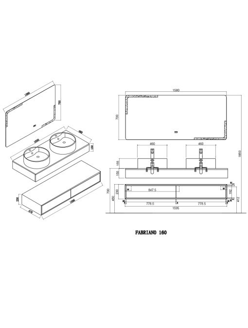 Plan Meuble de salle de bain FABRIANO 1600 Noir mat