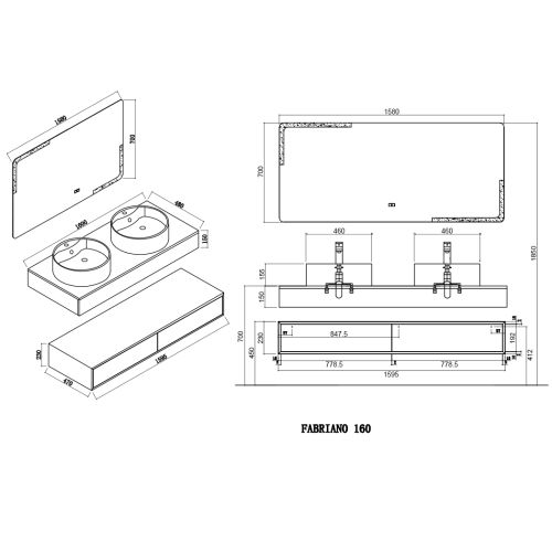 Meuble large et double vasque FABRIANO 1600 Noir mat