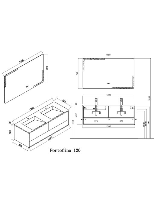 Dimensions Portofino 1200 Blanc et Bois Naturel