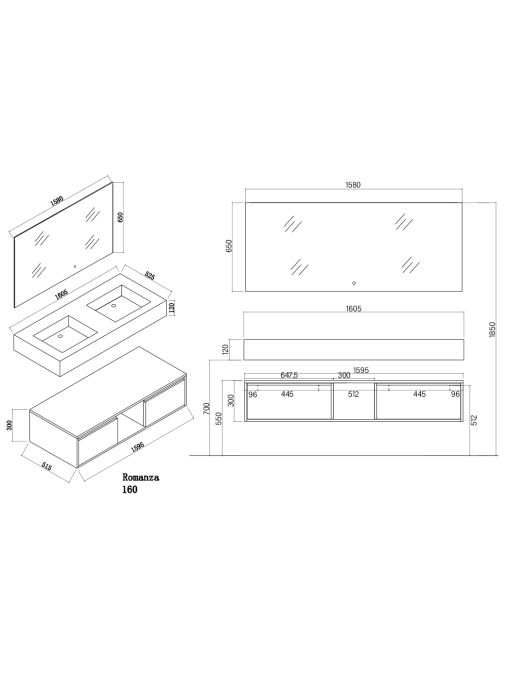 Dimensions Meuble de salle de bain ROMANZA_1600 Blanc