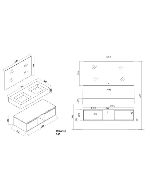 Dimensions Meuble de salle de bain ROMANZA_1400 Blanc