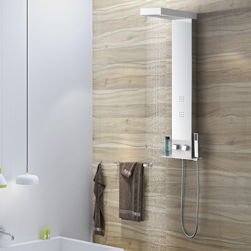 Colonne de douche design finition miroir avec étagères à shampoing